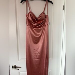 BNWT Satin cowl-neck long dress w/ slit in ‘dusty rose’, Size L